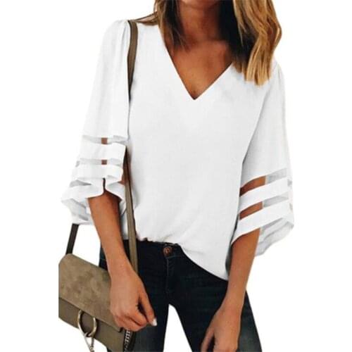 YSDNCHI Summer Chiffon Shirt Half Sleeve Mesh Patchwork Blusas Tops New Sexy V Neck Casual Loose Solid Tops Women Blouse