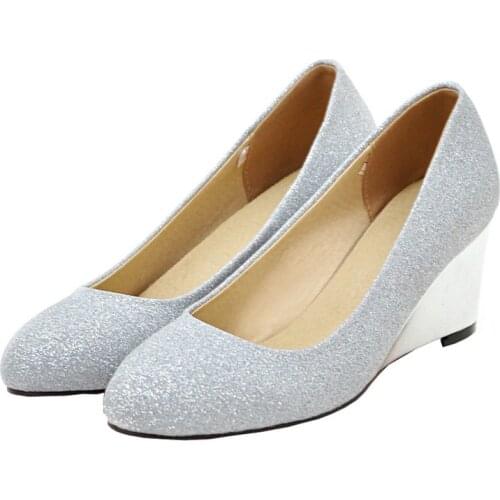 AGDOOR Wedges Shoes for Women Silver Glitter High Heels Pumps Slip on Sequins Wedding Womens Shoes Big size