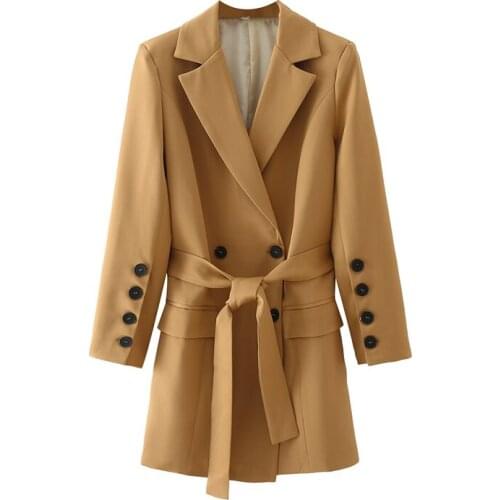 Nice Elegant Women Brown Long Sashes Blazer New Spring Vogue Female Solid Double Breasted Blazers Ladies Pockets Outwear