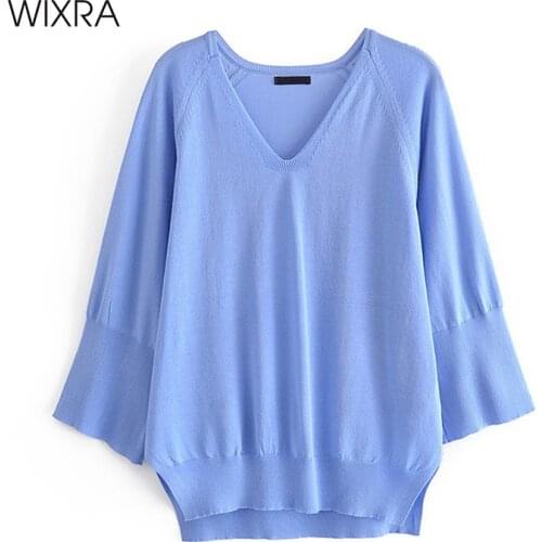 Wixra Women Knitted V-Neck Long Sleeve Solid Side Split Pollover Top 2021 Spring New Fashion Loose Straight Sweater