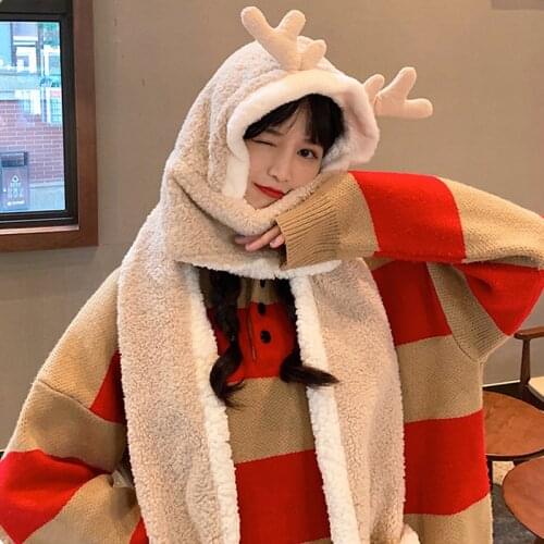 Women Winter Kawaii Deer Antler Scarf With Hat Fashion Cute Fluffy Animal Warm Cap Scarf 2020 Winter And Autumn Sweet Gift