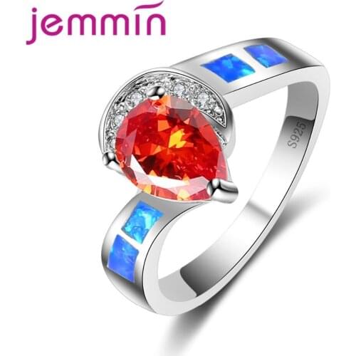 High Quality 925 Sterling Silver Jewelry Orange Water Drop Pattern Stylish Blue Fire Opal Ring New Trendy for Women Girls