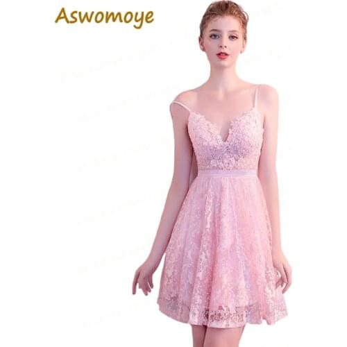 Aswomoye Sexy Evening Dress Short 2018 New Arrival Appliques Sleeveless Pink Party Dress V-neck Backless robe de soiree