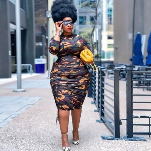 XL-4XL Camouflage Print Plus Size Skinny Dress Women Ruched Drawstring Knee Length Dresses Casual High Waist Long Sleeve Dress