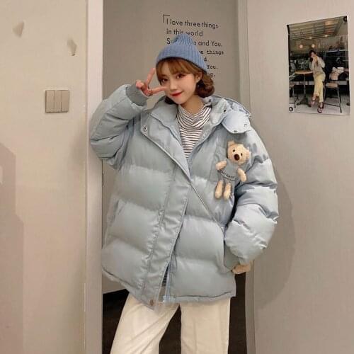 Bella 2021 new Women Solid Winter Hooded Coat Warm Sweet Long Sleeve Cotton Thick Outwear Female Pink Cartoon Bear Jacket Parkas