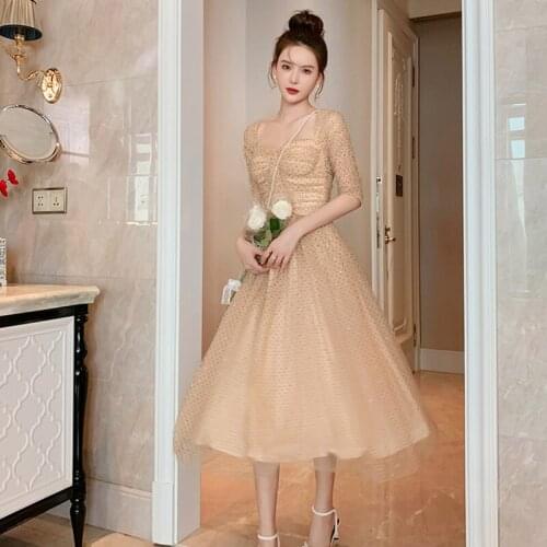 Fashion Summer Vintage Dot Glitter Mesh Midi Party Club Dress Ladies Elegant Streetwear Casual Square Collar Sequins Dress Robe