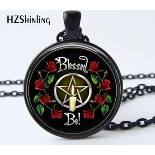 2017 New Arrival Wiccan Pendant Necklace Witchcraft Pagan Pentagram Black Black Magic Jewelry Glass cabochon jewelry HZ1