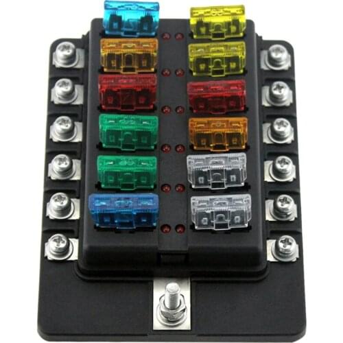 12 Way Blade Fuse Box Holder Fuse Blocks Red LED Indicator 10Pcs Fuses 10Pcs Terminals for Car Boat Marine Caravan Truck 12V 24V