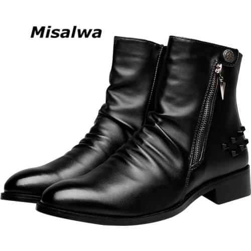 Misalwa Pointed Toe Zip Men Chelsea Boots Motorcycle Boots Winter British Shoes Men Dress Ankle Boots Elevator Height Increased