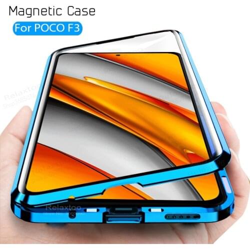 Poco f3 case 360° double-sided tempered glass metal bumperd magnetic flip case on for xiaomi poco f3 f 3 3f nfc nfs coque fundas