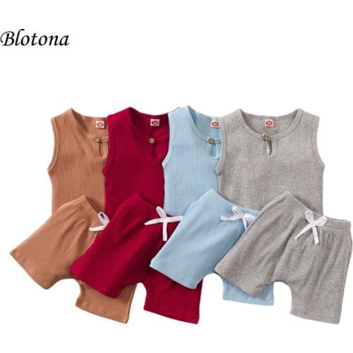 Blotona 2Pcs Kids Baby Clothes Set Solid Color Round Neck Sleeveless Ribbed Vest+Elastic Shorts Pants for Girls Boys 1-6Years