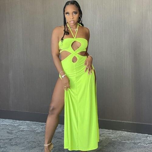 Hirigin Fashion Sexy Hollow Out Split Maxi Dresses Women Summer Casual Sleeveless Beach Clubwear Halter Long Sudress Outfits