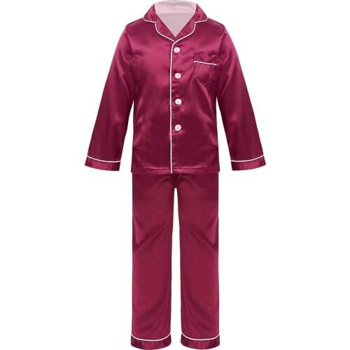 Unisex Kids Boys Girls Two Piece Classic Silk Pajamas Outfit Button Long Sleeve Tops Pants Set Sleepwear Lounge Comfortable Soft
