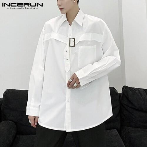 INCERUN Fashion Design Loose Long Sleeve Shirt Mens Spring Autumn Tops Solid Color Long Sleeve Lapel Collar Button Blouse S-5XL