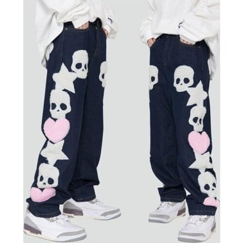 2021 Furry Skull Embroidery Jean Pants Men Hip Hop Black Straight Denim Trousers Streetwear High Street