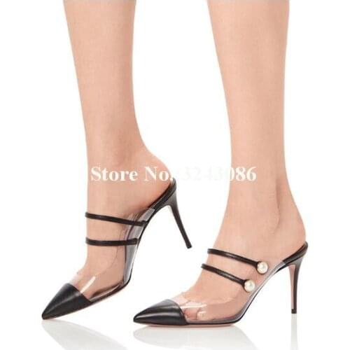 New Style PVC Leather Pearl Stiletto Heel Sandals Women Fashion Pointed Toe Strappy High Heel Slippers Lady Casual Shoes