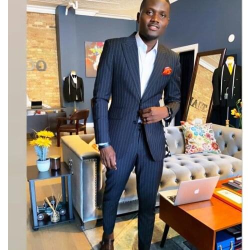 Slim Fit Navy Striped Mens Suits 2 Pieces Groom Best Man Pants Suit Business Wedding Tailored Blazer Jacket (Jacket+Pants)