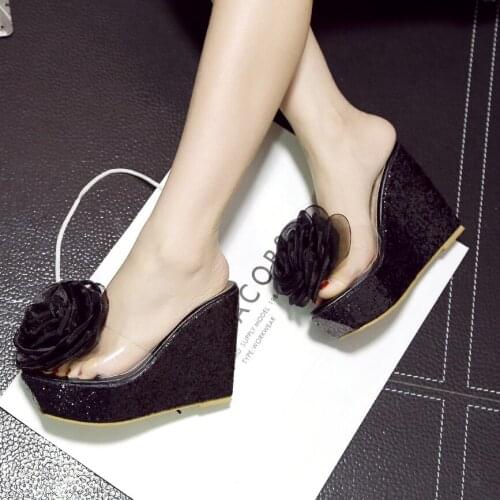 Platform shoes women summer slippers wedges flower transparent slides high heels shoes 2019 hot european femme flip flops shoes