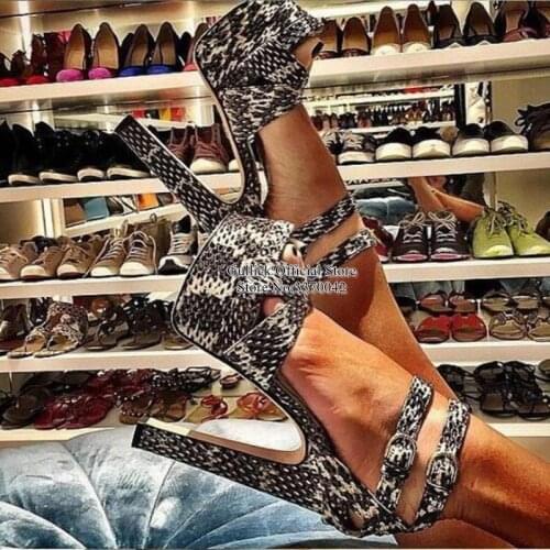 Sexy Snakeskin Chunky Heel Sandals Peep Toe Ankle Strap High Platform Dress Shoes Printed Python Gladiator Sandals Shoes