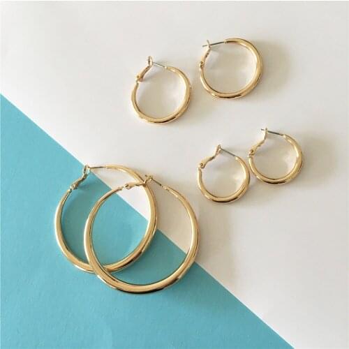 Casual Gold Color Plating Plain Hoop 23mm 28mm 52mm Diameter Trio Pack Earrings For Women Girl Daily Casual Decoration Accessory