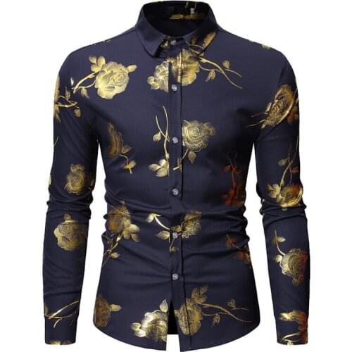 Mens Floral Print Shirts Gold Rose Chemise Black Long Sleeve Slim Fit Shirt Male Casual Homme Cotton Satin Man Clothing Dress