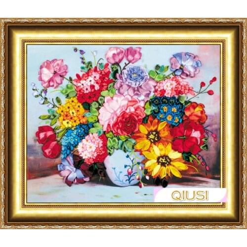Needlework,DIY Ribbon Cross stitch Sets for Embroidery kit, Blossoml vase flowers bands embroidery wall wedding decoration
