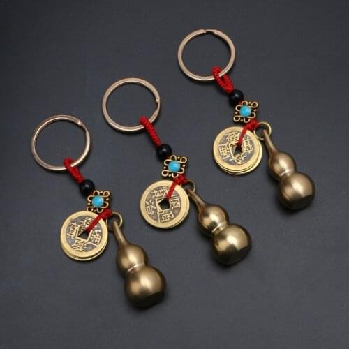 Lucky Gourd Keychain with Feng Shui Coins Brass Calabash Wu Lou Pendant Keychain M2EA
