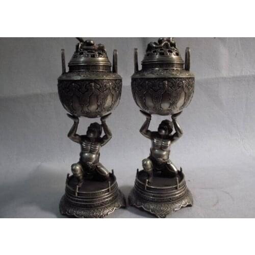 Tibet white bronze silver foo dog goblin lift round Dragon censer incense burner