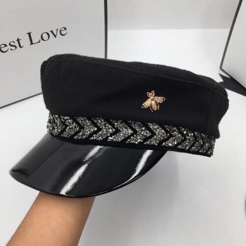 In the spring and autumn winter wool leather navy hat beret Japanese female cap fashionable black visors