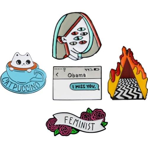 Rose pin" Feminist "Twin Peaks Obama text Message Arachne Kitten cat Enamel pin Button Badge Lapel brooch Fashion Gifts
