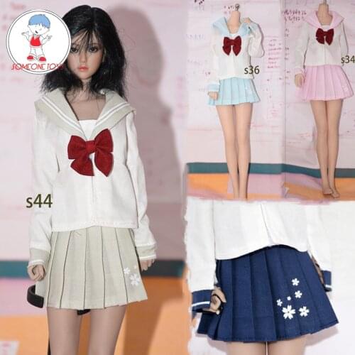 1:6 Female Soldier Figure blue school uniform cherry pleated skirt white shirt bow Suit Fit 12 inch Narrow shoulders Figure body