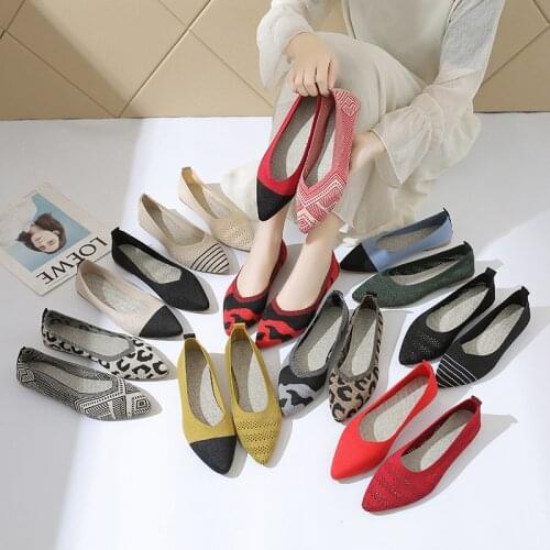 2021 Women Ballet Flat Shoes Breathable Knitted Pointed Toe Mixed Color Soft Women Zapatos De Black For Ladies Toe Flats Shoe