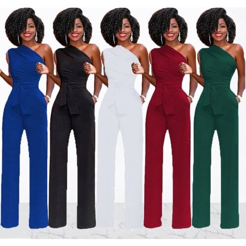 Echoine Solid Plus Size One Shoulder Sleeveless Jumpsuit Sexy Elegant Wide Leg Pants Rompers Summer Party Overalls with Belt