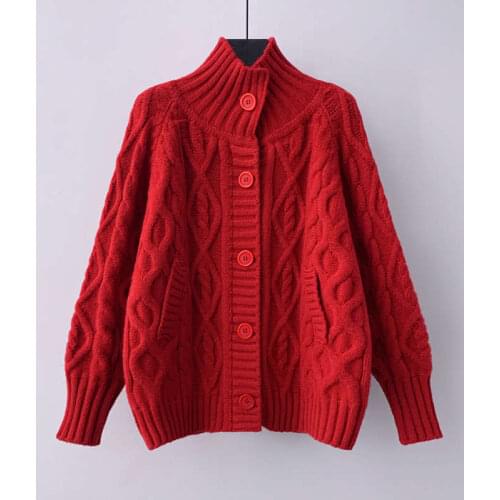 Autumn Winter Thicken Cardigan Jacket Women Loose Single-Breasted Sweater Warm Red Half Turtleneck Knitted Sweater Coat C7543