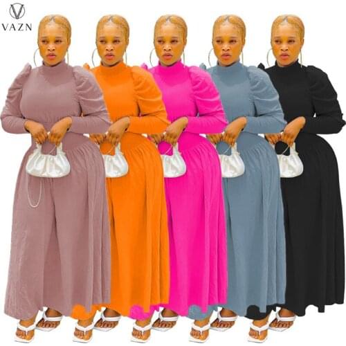 VAZN 2021 Autumn Winter INS Long Dress Sexy Solid Elegant High-end Turtleneck Full Sleeve Maxi Young Vestidos For Female