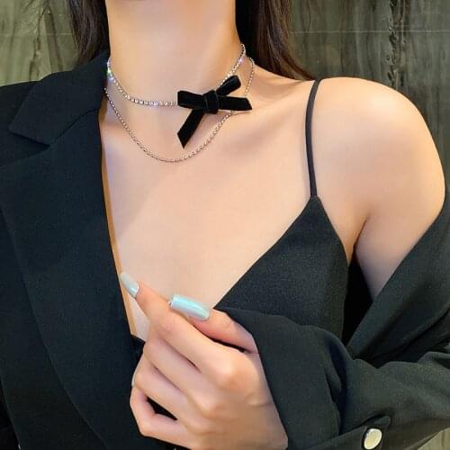 Fashion French Design Rhinestone Flannel Bow Double Layer Retro Choker Necklace for Women Clavicle Chain Elegant Jewelry Gifts