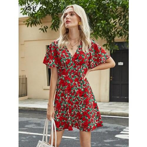 Women Floral Print Summer Dress 2021 Elegant Lace Up Boho V Neck Mini Vestidos Short Sleeve Chiffon Ruched Ladies Clothes Red