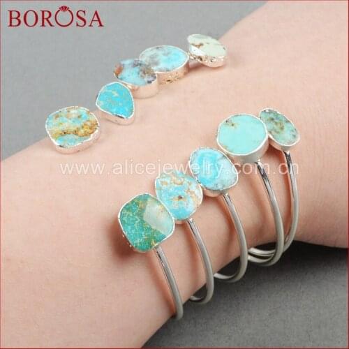 BOROSA Silver Color Double Bezel Natural Blue Stone Druzy Bangles Adjustable Freeform Fashion Jewelry gift S0235