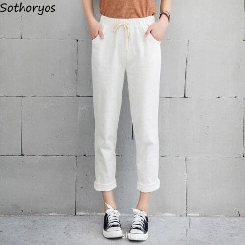 Pants Women Harem Solid Drawstring Ankle-length Pant Womens Simple Korean Chic Thin Pockets Cotton Trousers Daily Trendy Soft