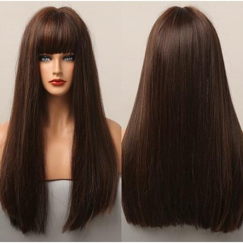 Dark Brown Golden Highlight Synthetic Wigs with Bangs Long Silky Straight Wigs for Women Cosplay Daily Heat Resistant Fiber Hair