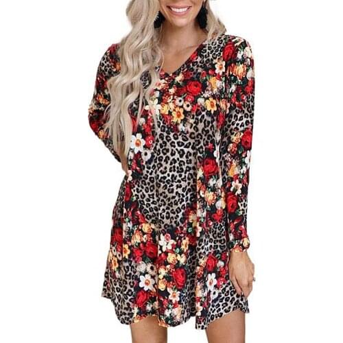 Dress Women Fashion Women Dress Loose Floral Leopard Printed Long Sleeve Party Patchwork Dress Vintage Wear Dress Vestidos 2021