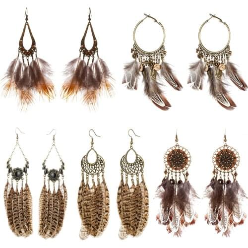 Variety Bohemian Ethnic Natural Feather Earrings For Women Vintage Indian Brown Feather Hanging Drop Earring Statement Jewelry
