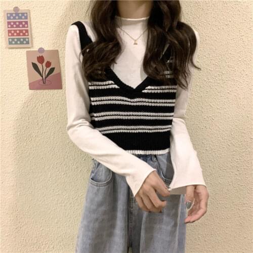 Stripe Cropped Sweater Vest Fashion Knitted Women Casual Pullover Elasticity Spring Autumn Sleeveless V-Neck Tank Tops Clothes