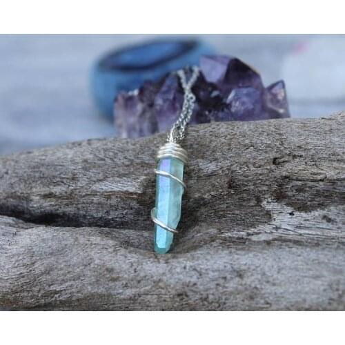 Blue Aura Quartz Crystal Necklace Jewelry