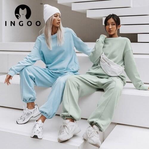 INGOO Elegant Tracksuit Set Women Solid Long Sleeve Oversize Casual Sweatshirts And Long Pants Fashion Streetwear Two Piece Sets