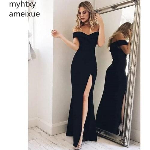 Black Satin Boat Neck Long Event Evening Dresses Off The Shoulder High Slit 2020 New Mermaid Lace Up Floor Length Robe De Soiree