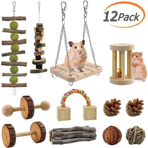 12pcs Hamster Chew Toy Guinea Pig Chinchilla Chew Toy Accessories, Natural Wooden Roller Dental Care Molar Toys Pet Supplies Den