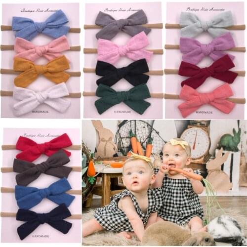 4 pcs Cotton Fabric bow headbands Baby Toddler Girls show 3-inch hand-tied Hair bow Soft Nylon Elastic Headband Hair Accessories