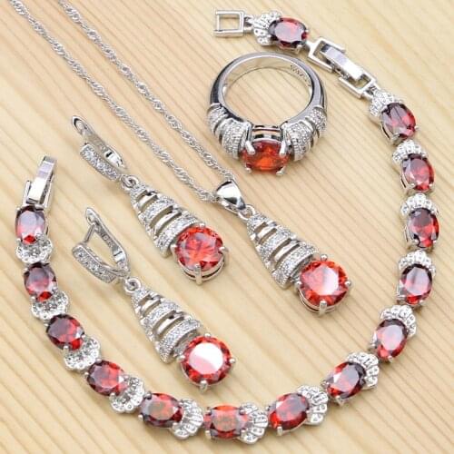 925 Silver Jewelry Sets for Women Red Cubic Zirconia Ring Bracelet Necklace Pendant Earrings Silver Jewelry Kit