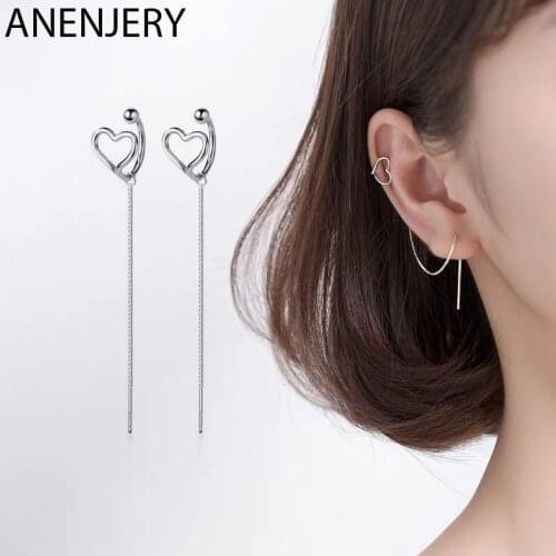 ANENJERY 925 Sterling Silver Simple Delicate Heart Shape Clip Earrings For Women Chain Earrings oorbellen pendientes S-E1052